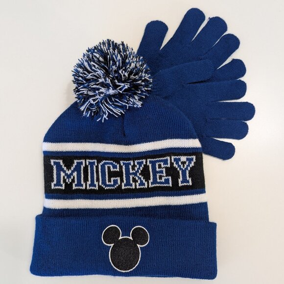 New Mickey Mouse Blue Pom Beanie hat with mini stretch gloves - Picture 1 of 7